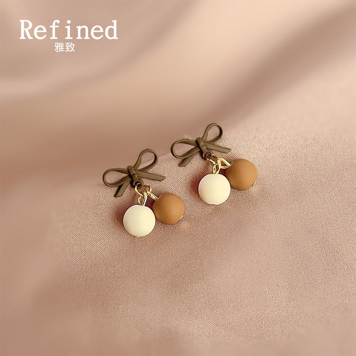 Olive Bow Stud Cream and Brown Ball Cherry Drop Earrings
