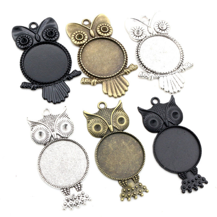 Owl Shaped Round Pendant Bezel Trays in Six Antique Finishes