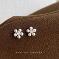 Gold Pearl Flower Stud Earrings Clear Center CZ Stone view 4