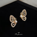 Gold Tone Clear Stone Butterfly Wing Pearl Center Stud Earrings view 3