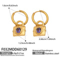 Oval Stone Lock Drop Hoop Earrings in Green and Purple view 9