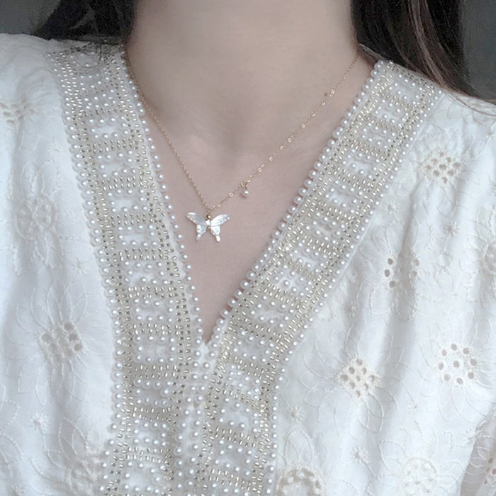 Gold Tone White Butterfly Pendant Necklace with Fine Chain