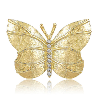 Gold hammered butterfly brooch with clear crystal body front view