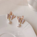 Gold Tone Pink Lavender Butterfly Cluster Pearl Drop Earrings view 4