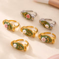 Green Enamel Floral Open Rings Pearl Rose Gold Steel Size 7 view 4