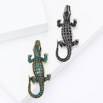 Long Crystal Alligator Brooch In Turquoise And Black