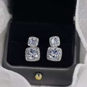 Silver Tone Dual Cushion Halo Clear Drop Stud Earrings