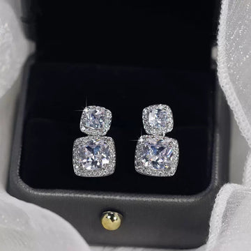 Silver Tone Dual Cushion Halo Clear Drop Stud Earrings