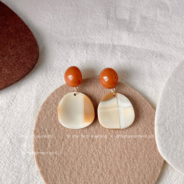 Acrylic Geometric Drop Earrings Brown Sphere Two-Tone Disc