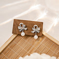 Silver Crystal Bow Pearl Drop Stud Earrings Pearl Loop view 3