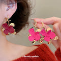Gold Sculpted Flower Drop Earrings In Pink And Red view 1