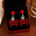 Red Flocked Bow Snowflake Long Dangle Stud Earrings view 2