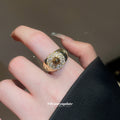 Gold Open Ring Dark Green Oval Crystal Halo Slim Band view 3