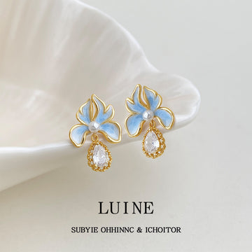 Gold Light Blue Enamel Iris Flower Drop Earrings Pair