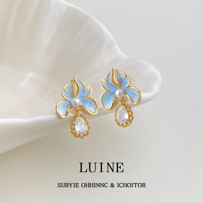 Gold Light Blue Enamel Iris Flower Drop Earrings Pair
