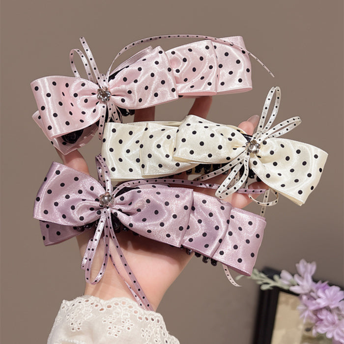 Satin Polka Dot Bow Banana Hair Clip Rhinestone Center