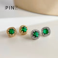 Emerald Green Round Halo Stud Earrings Silver Gold Options view 4
