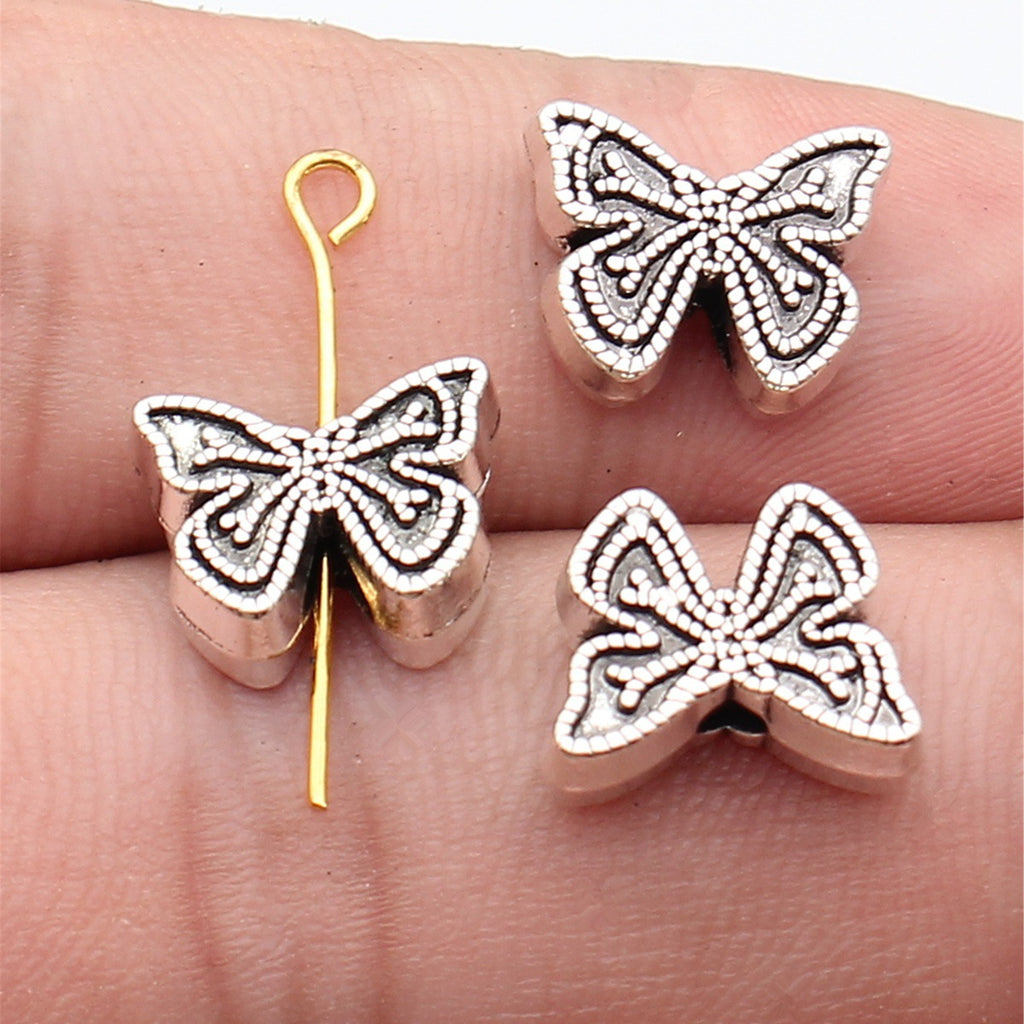 13x10x4.8mm 2.4g Antique Silver Zinc Alloy Double Sided Butterfly Through Hole Beads for DIY Jewelry Making