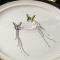 Iridescent Crystal Butterfly Clip Earrings Long Silver Chains view 3