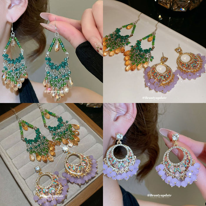Ornate Crystal Fan Drop Earrings With Beaded Fringe