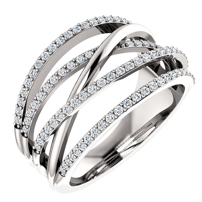 Wide Interwoven Black And Clear Stone Ring In Silver Tone