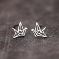 Silver Tone Geometric Origami Crane Outline Stud Earrings view 1