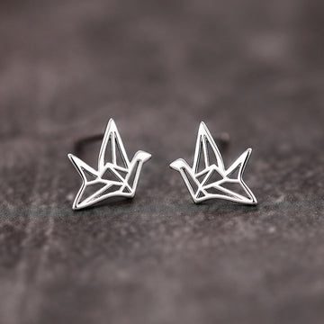 Silver Tone Geometric Origami Crane Outline Stud Earrings