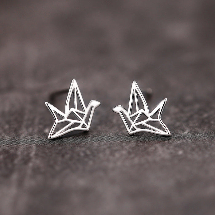 Silver Tone Geometric Origami Crane Outline Stud Earrings