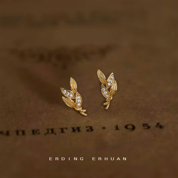 Gold Wheat Ear Leaf Stud Earrings Micro Crystal Accents