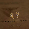 Gold Wheat Ear Leaf Stud Earrings Micro Crystal Accents view 1