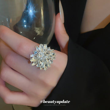 Silver Tone Radiating Clear Marquise Crystal Cluster Statement Ring