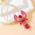 Pink Beaded Lobster Pendant Necklace On Braided Cord view 2