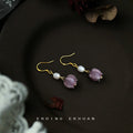 Gold Tone White Pearl And Purple Glass Flower Hook Earrings view 4