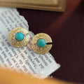 Gold Geometric Circle Turquoise Cabochon Stud Earrings view 4
