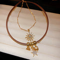 Brown Cord Gold Crystal Sun Star Layered Necklace Two Piece view 6