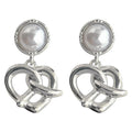 Silver Pearl Stud Heart Knot Drop Earrings Pair Metal view 5