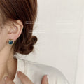 Blue Green Square Cabochon Stud Earrings Gold Wavy Frames view 2