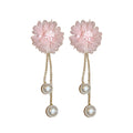 Pink Fabric Flower Chain Drop Earrings With Pearl Accents view 5