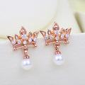 Crown CZ Pearl Drop Stud Earrings Silver Rose Gold view 3