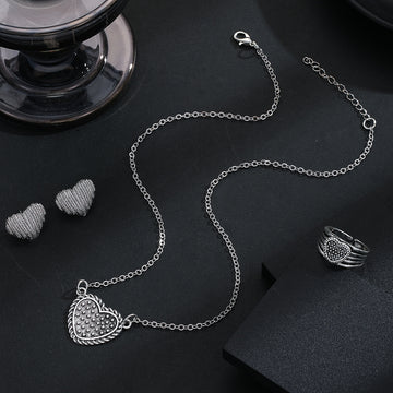 Silver Beaded Heart Necklace Earrings Ring Three Piece Set