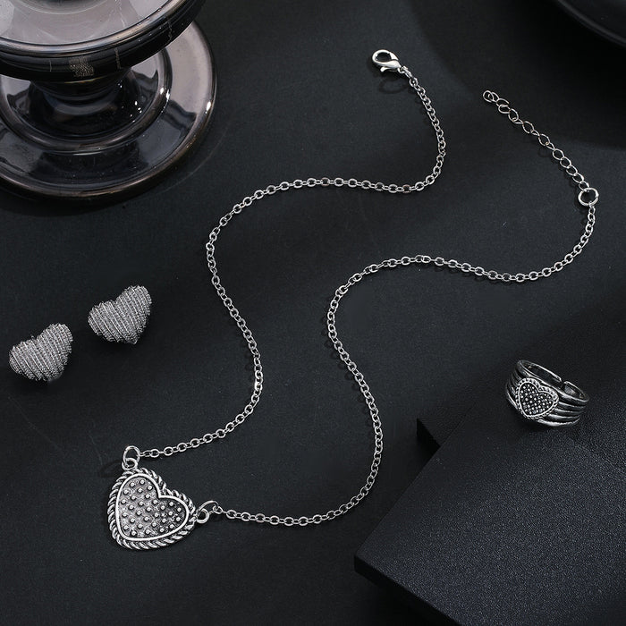 Silver Beaded Heart Necklace Earrings Ring Three Piece Set