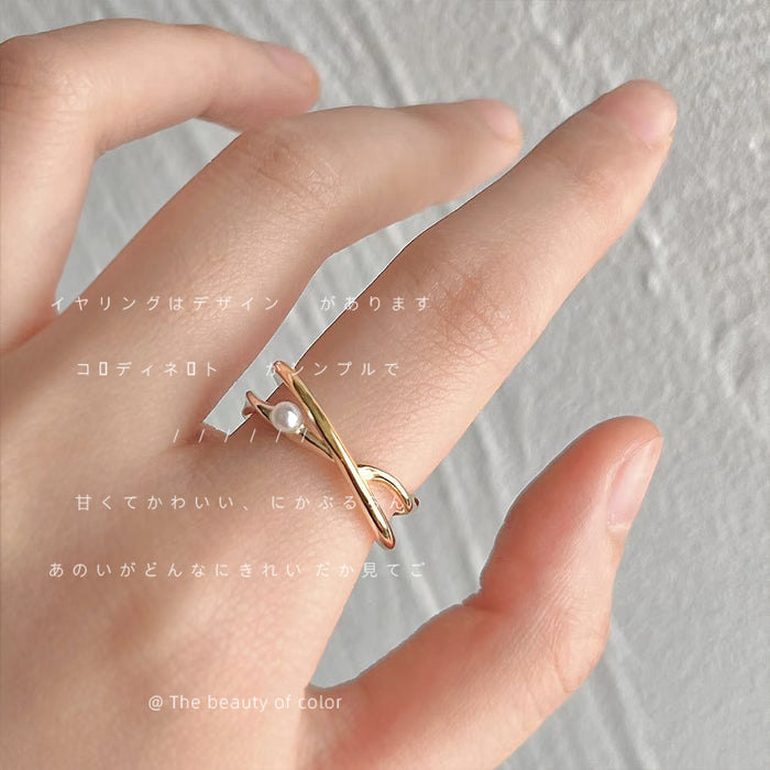 Gold Tone Sculptural Crossover Pearl Open Adjustable Ring For Women