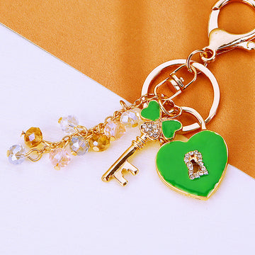 Jeweled Clover Heart Lock Keychains with Pearl and Crystal Strands
