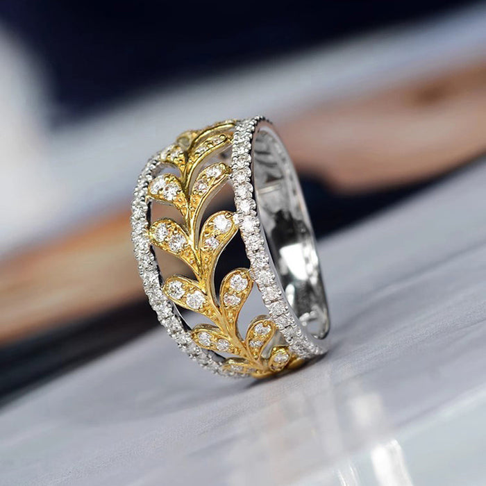 Two Tone Leaf Filigree Crystal Band Ring Polished Metal Jewelry