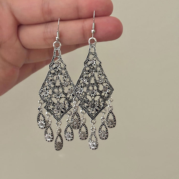 Silver Tone Filigree Teardrop Chandelier Hook Earrings