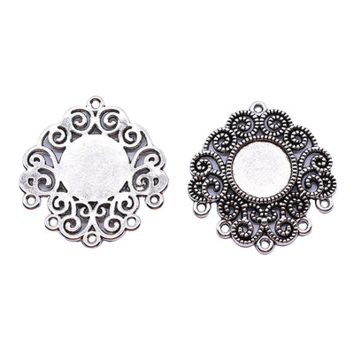 Ornate Round Cabochon Connector Settings in Two Finishes shown in image 1 with scrollwork with loops at opposite ends