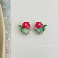 Red Enamel Morning Glory Green Crystal Flower Stud Pair view 4