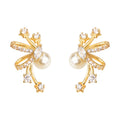 Gold Tone Clear Stone Branch And White Pearl Stud Earrings view 5