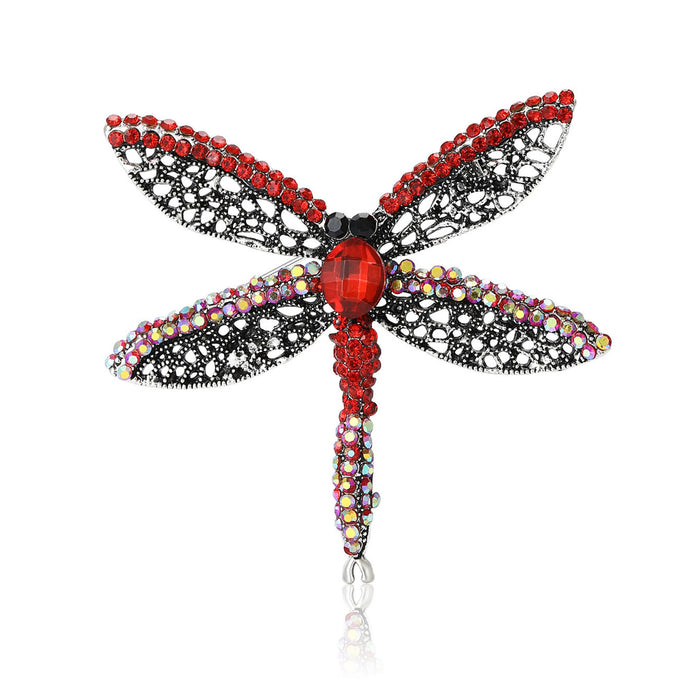 Rhinestone Dragonfly Brooch Openwork Wings Red or Blue