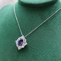 Silver Tone Royal Blue Oval Crystal Halo Flower Pendant Necklace view 4